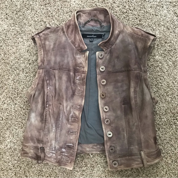 Muubaa Distressed Cropped Leather Jacket with Removable Sleeves - Picture 3 of 8